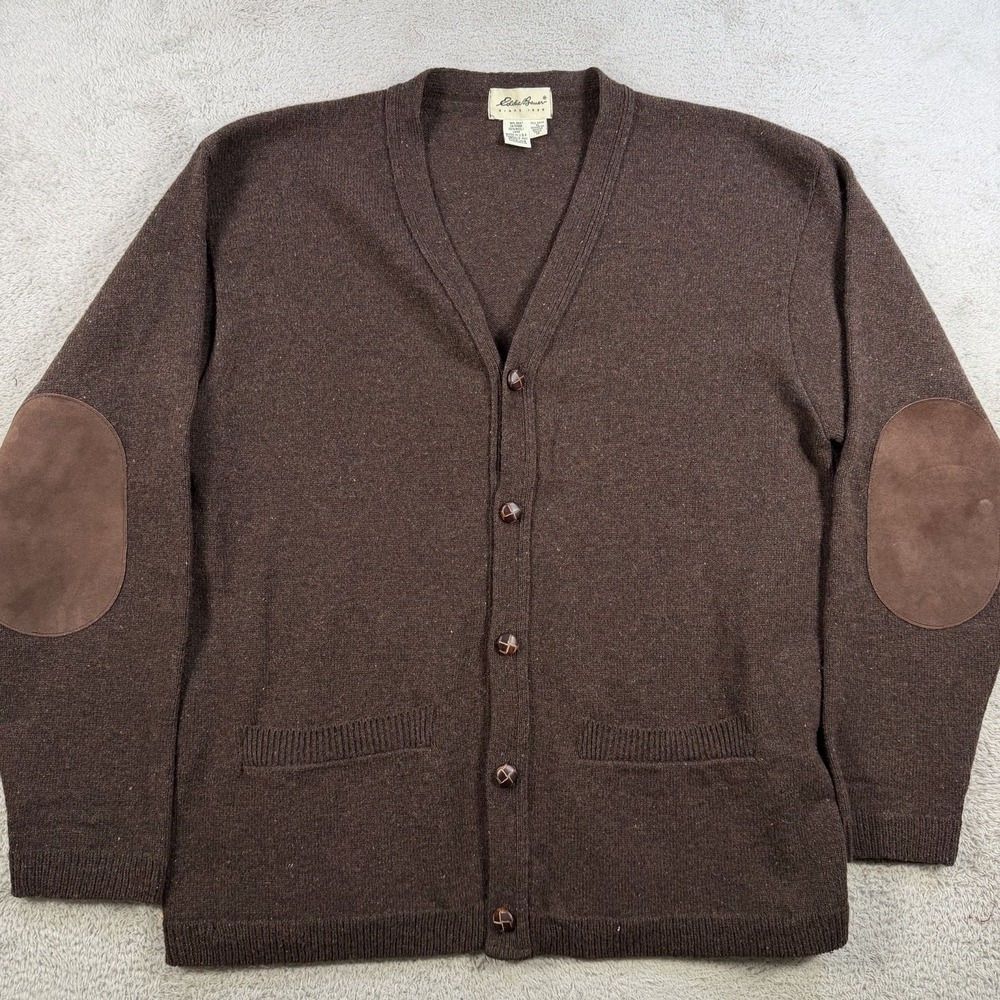 Vintage Eddie Bauer Sweater Mens XLT Brown Wool Cardigan Elbow Patches USA Made